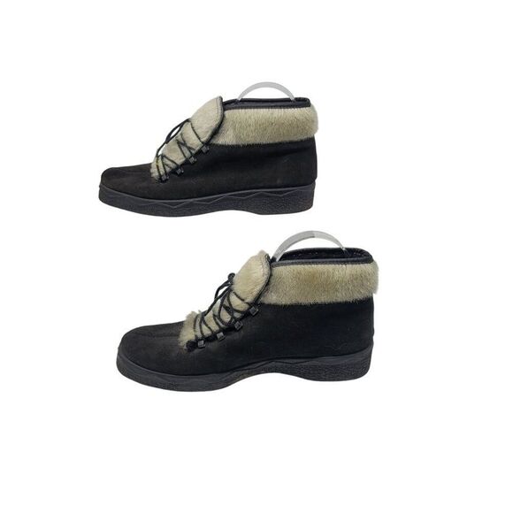 Vtg Womens Italian Black Suede Faux Fur Snow Boots Sz 8 Lace Up Ankle Booties - Picture 5 of 9